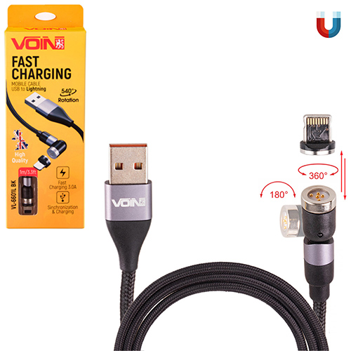 Кабель магнітний шарнірний VOIN USB - Lightning 3А, 1m, black (швидка зарядка / передача даних) - preview